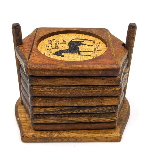 The Black Horse Inn 1794 Wood & Cork Coasters Vintage Set of 7 Japan VTG Barware - Picture 2 of 4